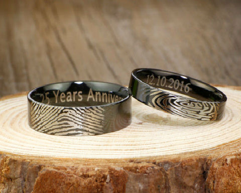 Your Actual Finger Print Rings, His and Her Promise Rings - Black Wedding Titanium Rings Set