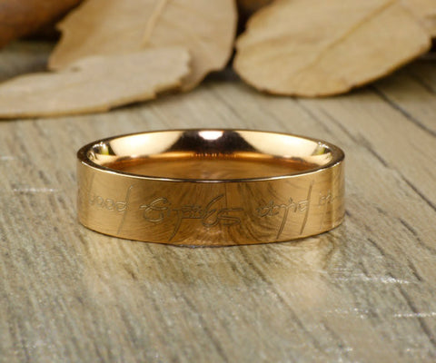 Custom Your words in Elvish Tengwar, Rose Gold Flat Matching Wedding Band, Men Ring, Couple Ring, Titanium Ring, Anniversary Ring