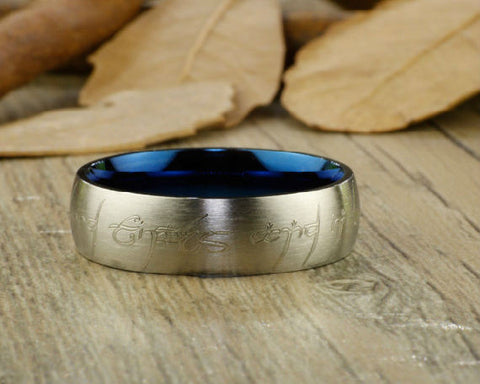 Handmade Blue Customized Elvish Tengwar Matte Wedding Band, Men Ring Couple Ring, Titanium Ring, Anniversary Ring