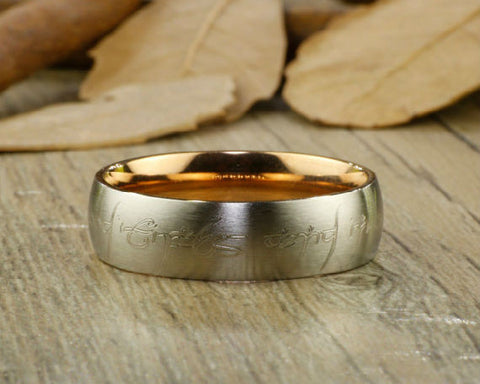 Handmade Rose Gold Customized Elvish Tengwar Matte Wedding Band, Men Ring Couple Ring, Titanium Ring, Anniversary Ring