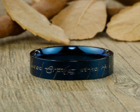 Handmade Blue Flat Custom Your words in Elvish, Matching Wedding Band, Men Ring, Couple Ring, Titanium Ring, Anniversary Ring, Promise Ring